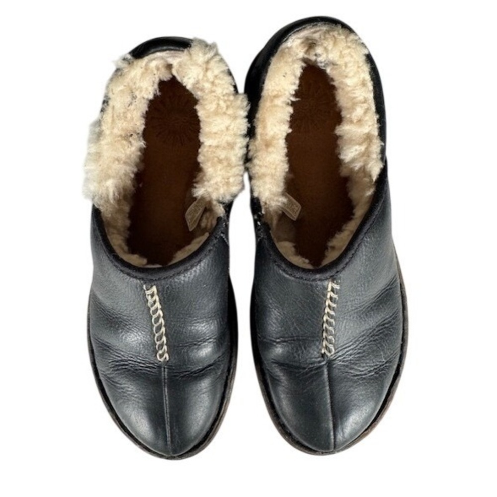 Ugg Black Leather Shearling Lined Clogs Mule Shoe… - image 2